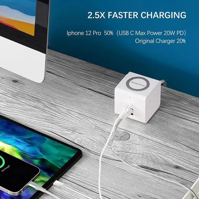 Alt view image 4 of 6 - USB C Power Strip with PD 20W, Surge Protector with 15W Wireless Charger Power Delivery Fast Charging Station for Office Travel Home, 1 USB-PD Port 2 USB-A Port 2 AC Outlets 5FT Cord 10A, KingTSYU