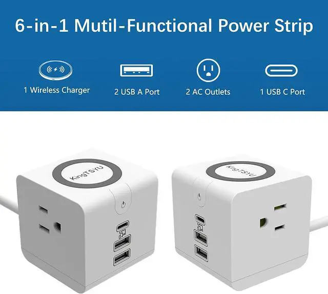 Alt view image 2 of 6 - USB C Power Strip with PD 20W, Surge Protector with 15W Wireless Charger Power Delivery Fast Charging Station for Office Travel Home, 1 USB-PD Port 2 USB-A Port 2 AC Outlets 5FT Cord 10A, KingTSYU