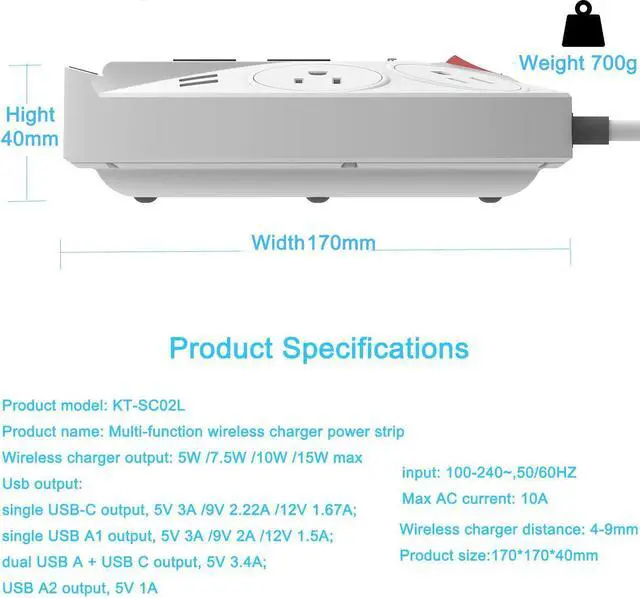 Alt view image 6 of 6 - 20W USB C PD Power Strip Surge Protector With Wireless Charger, High-Speed Power Delivery Charging For iPhone 13/12/iPad Desktop Home Office, 1 USB PD/2 USB A Port/4 AC Outlets Plug/5FT Cord, KingTSYU