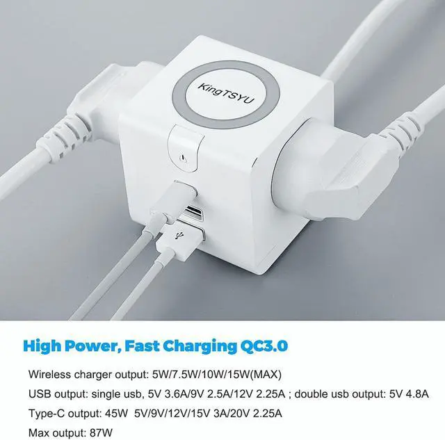 Alt view image 5 of 6 - PD Power Strip Tower With 45W USB C Wireless Charger Station, Surge Protector Flat Plug With USB Port For Laptop Lenovo Macbook Pro, 15W Phone Wireless Charging Stand 2 USB Ports 2 AC Outlets KingTSYU
