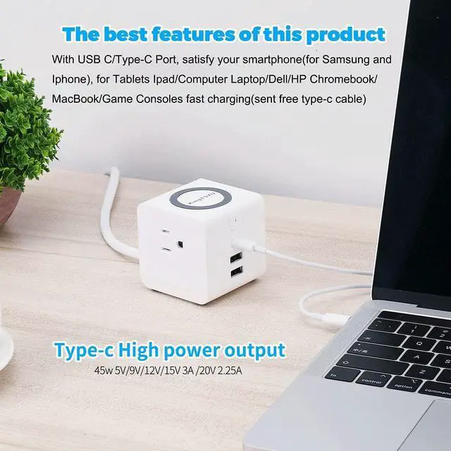 Alt view image 3 of 6 - PD Power Strip Tower With 45W USB C Wireless Charger Station, Surge Protector Flat Plug With USB Port For Laptop Lenovo Macbook Pro, 15W Phone Wireless Charging Stand 2 USB Ports 2 AC Outlets KingTSYU