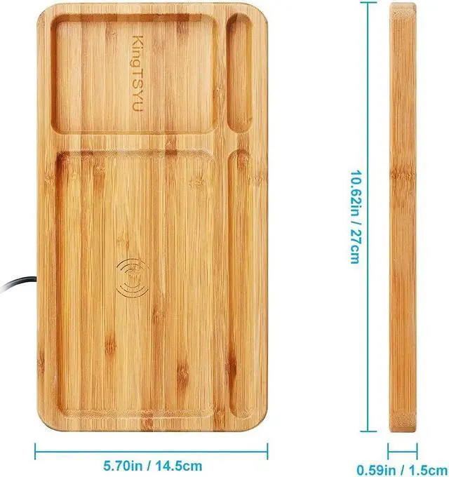 Alt view image 4 of 7 - 2 in 1 Desktop Wood Wireless Qi Charger Dock Station Bamboo Organizer Holder, 15W Phone USB Charging Docking Stand , Wooden Charging Pad, For iPhone Samsung Android Nightstand Home Office KingTSYU