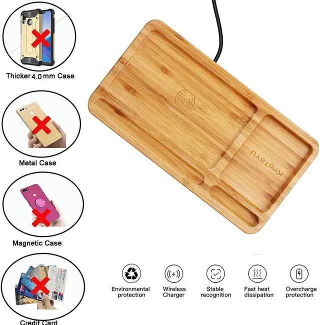 Alt view image 6 of 7 - 2 in 1 Desktop Wood Wireless Qi Charger Dock Station Bamboo Organizer Holder, 15W Phone USB Charging Docking Stand , Wooden Charging Pad, For iPhone Samsung Android Nightstand Home Office KingTSYU