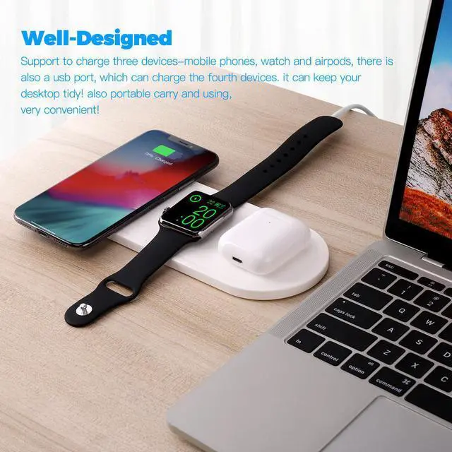 Alt view image 2 of 7 - 3 in 1 Wireless Charger Station Pad For Apple Watch AirPods Pro iPhone, Portable Charger Stand For Iphone 13/12/11 pro/XR/Xs Samsung Galaxy Qi Phones, iWatch SE/6/5/4/3/2/1, USB C 10W White KingTSYU