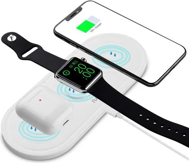 Main image of 3 in 1 Wireless Charger Station Pad For Apple Watch AirPods Pro iPhone, Portable Charger Stand For Iphone 13/12/11 pro/XR/Xs Samsung Galaxy Qi Phones, iWatch SE/6/5/4/3/2/1, USB C 10W White KingTSYU