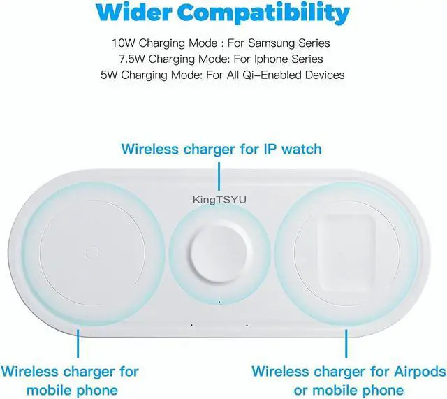 Alt view image 4 of 7 - 3 in 1 Wireless Charger Station Pad For Apple Watch AirPods Pro iPhone, Portable Charger Stand For Iphone 13/12/11 pro/XR/Xs Samsung Galaxy Qi Phones, iWatch SE/6/5/4/3/2/1, USB C 10W White KingTSYU