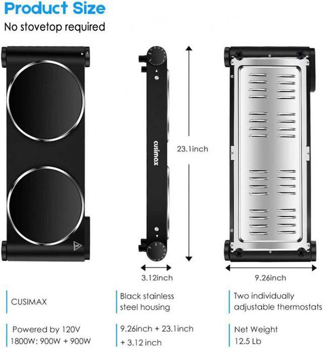 Cusimax 900W+900W Double Hot Plate, Portable Electric Double