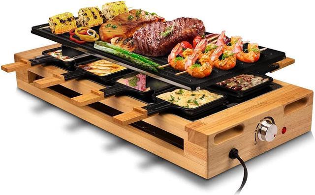Indoor Grill COKLAI Raclette Grill Table Electric Grill Reversible  Non-stick Plate Korean BBQ Grill Wooden Base Cheese Raclette with 8 Trays  and Wooden Spatulas Adjustable Temperature Dishwasher Safe 