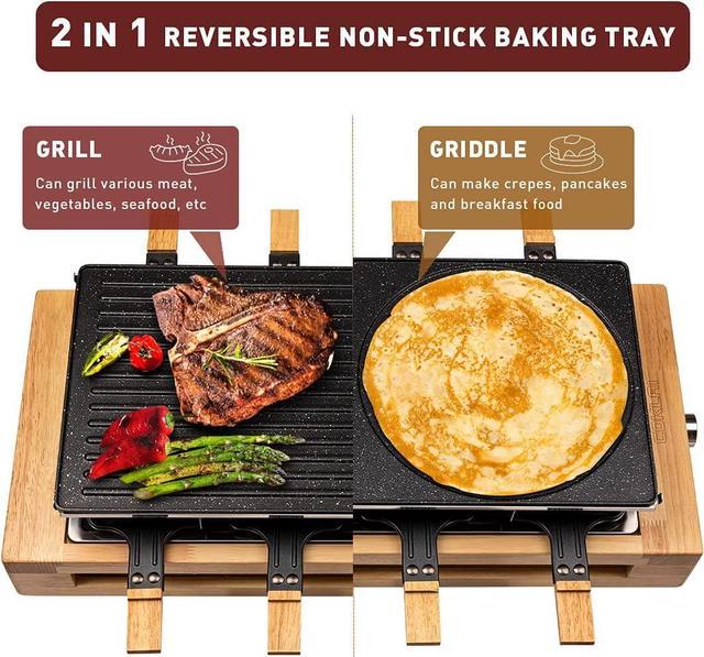 Indoor Grill COKLAI Raclette Grill Table Electric Grill Reversible  Non-stick Plate Korean BBQ Grill Wooden Base Cheese Raclette with 8 Trays  and Wooden Spatulas Adjustable Temperature Dishwasher Safe 