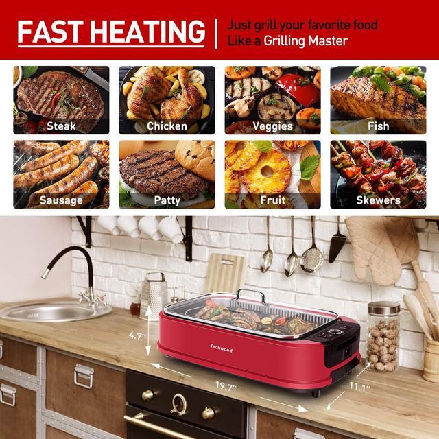Techwood 1500W Indoor Smokeless Grill with non-stick grill plate(Red)