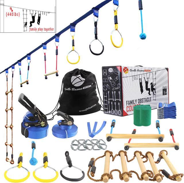 Main image of Gentle Booms Sports Ninja Warrior Obstacle Course Ninja Line Included with 56ft Blue Slackline Backyard Tree Training Equipment Outdoor Play Gym