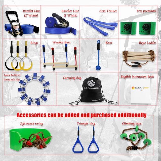 Alt view image 2 of 7 - Gentle Booms Sports Ninja Warrior Obstacle Course Ninja Line Included with 56ft Blue Slackline Backyard Tree Training Equipment Outdoor Play Gym
