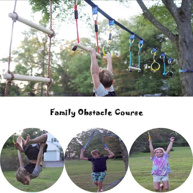 Alt view image 5 of 7 - Gentle Booms Sports Ninja Warrior Obstacle Course Ninja Line Included with 56ft Blue Slackline Backyard Tree Training Equipment Outdoor Play Gym