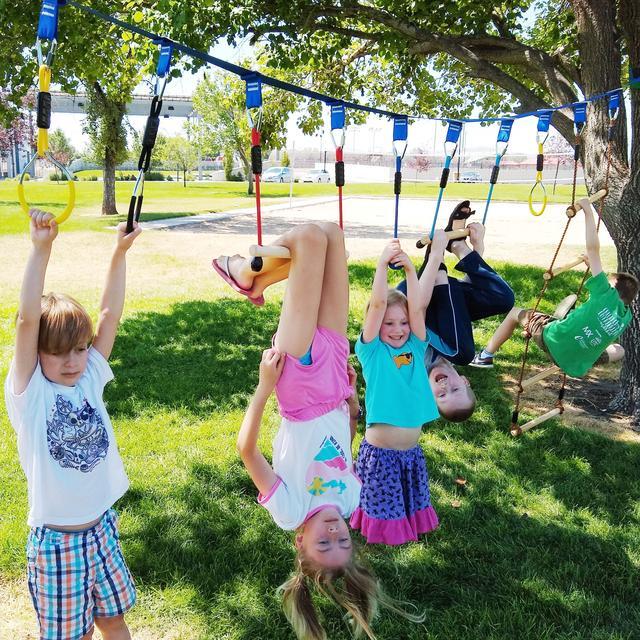 Alt view image 4 of 7 - Gentle Booms Sports Ninja Warrior Obstacle Course Ninja Line Included with 56ft Blue Slackline Backyard Tree Training Equipment Outdoor Play Gym
