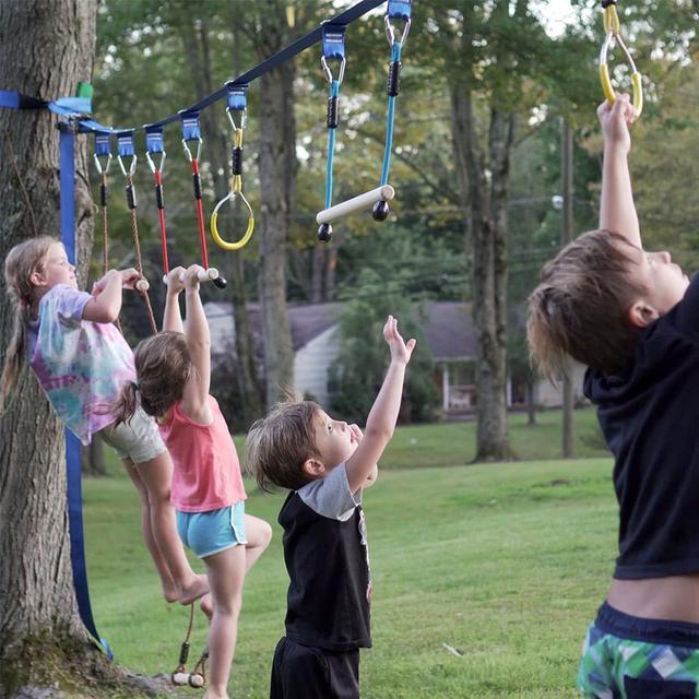 Alt view image 3 of 7 - Gentle Booms Sports Ninja Warrior Obstacle Course Ninja Line Included with 56ft Blue Slackline Backyard Tree Training Equipment Outdoor Play Gym