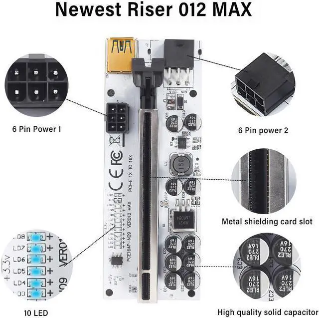 Alt view image 2 of 7 - 6Pcs Newest Riser VER012 MAX USB 3.0 PCI-E Riser VER 012 MAX Express 1X 16x Extender GPU Riser Adapter Card LED Work Indicator