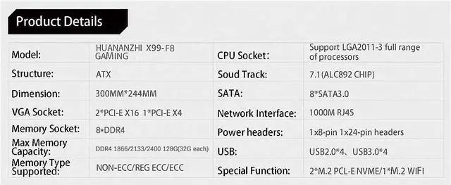 Alt view image 5 of 7 - HUANANZHI X99 F8 X99 Motherboard with Intel XEON E5 2680 V4 LGA2011-3 DDR4 RECC/NON-ECC memory combo kit set NVME USB 3.0 ATX