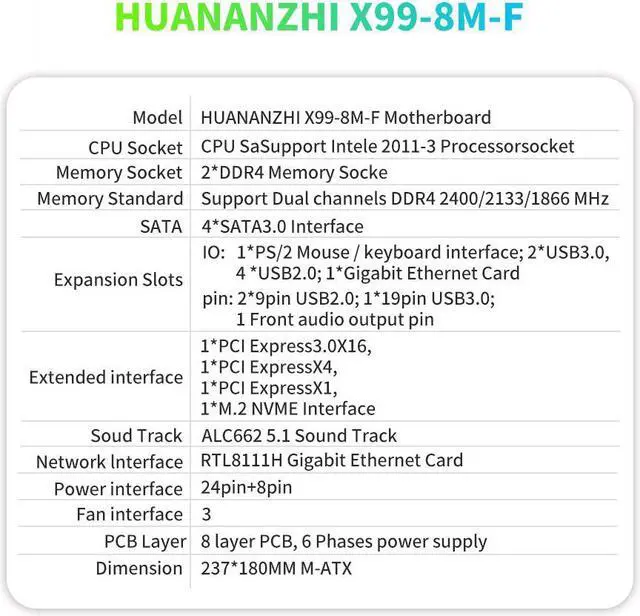 Alt view image 3 of 7 - HUANANZHI X99 8M F X99 Motherboard with Intel XEON E5 2670 V3 with 2*16G DDR4 RECC memory combo kit set NVME USB3.0 Server