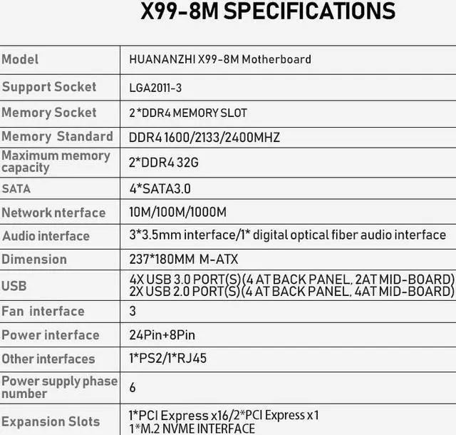 Alt view image 2 of 7 - HUANANZHI X99 8M D4 X99 Motherboard with Intel XEON E5 2666 V3 with 2*16G DDR4 RECC memory combo kit set NVME USB3.0 ATX Server