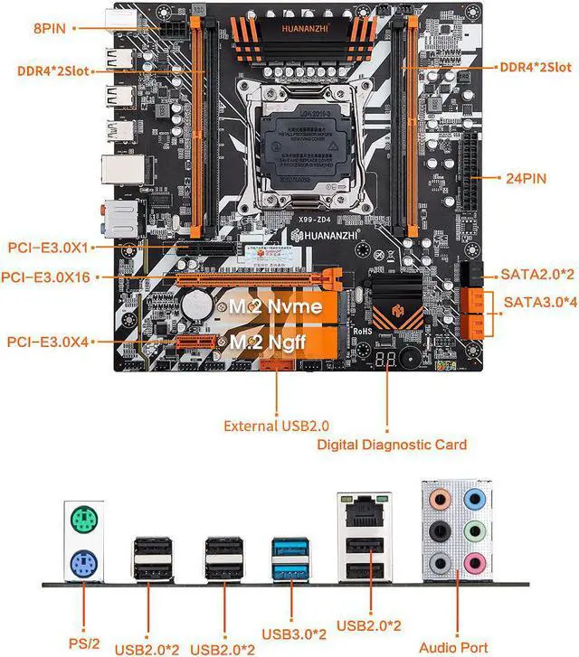 Alt view image 6 of 7 - HUANANZHI X99 ZD4 X99 Motherboard with Intel XEON E5 2680 v4 with 2*16G DDR4 RECC memory combo kit set NVME SATA USB 3.0