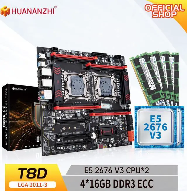 Main image of HUANANZHI X99 T8D LGA 2011-3 XEON X99 Motherboard with Intel XEON E5 2676 V3*2 with 4*16G DDR3 RECC memory combo kit set NVME