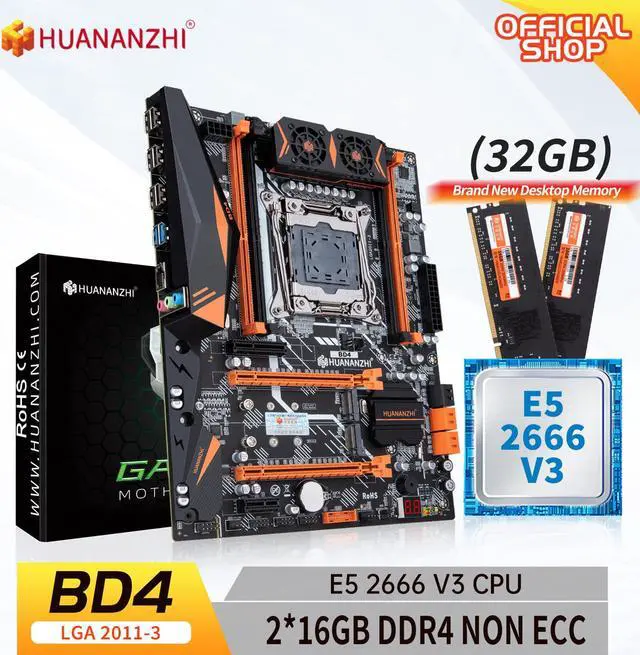 Main image of HUANANZHI X99 BD4 LGA 2011-3 XEON X99 Motherboard with Intel E5 2666 v3 with 2*16G DDR4 NON-ECC memory combo kit set NVME NGFF