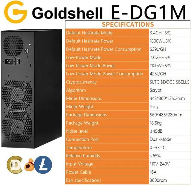 Alt view image 2 of 7 - New Gold-shell E-DG1M 3400MH/s 1800W Scrypt Algorithm DOGE Mining Machine Good For Home Use LTC BEL DOGE Miner LTC Miner With PSU
