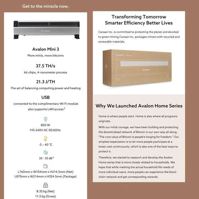 Alt view image 5 of 7 - New Canaan Avalon Mini 3 Home Bitcoin Miner 37.5Th/s 800W BTC Miner Avalon Mini3 Bitcoin Mining Low Noise for home btc mining