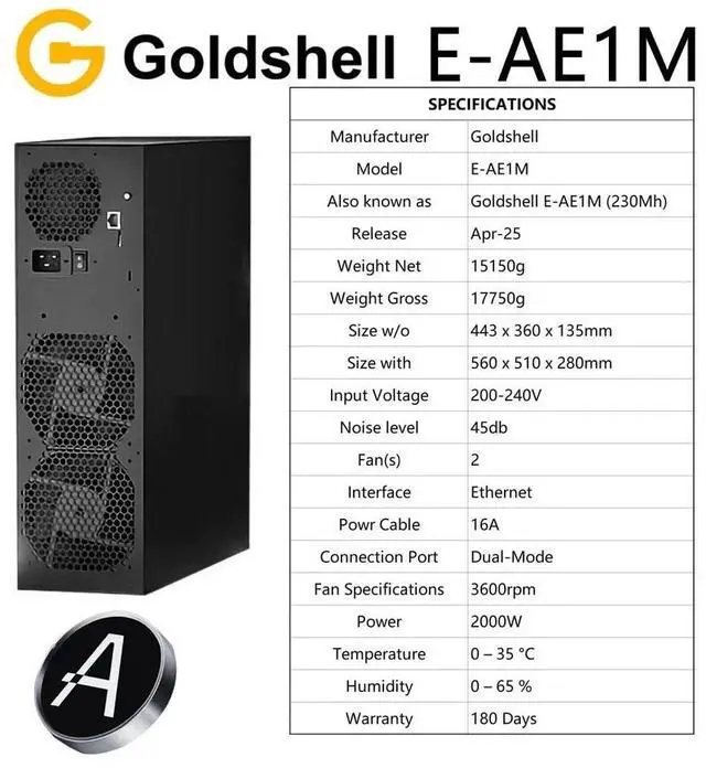 Alt view image 2 of 7 - New Gold-shell E-AE1M 230MH/s 2000W Aleo Miner zkSNARK Crypto ALEO Mining Gold-shell ALEO AE1M Asic Miner With PSU 220V Support ASIC ALEO Miner