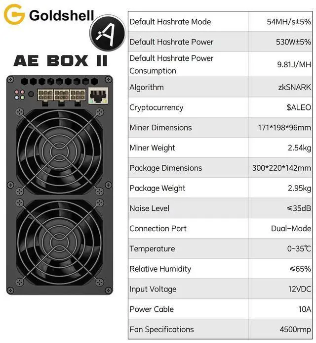 Alt view image 6 of 6 - Gold-shell AE BOX II 54Mh/s 530W Aleo Coin Miner With PSU Crypto ASIC Aleo Miner Low Noise Gold shell ALEO AE BOX 2 ALEO Mining