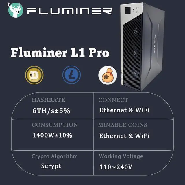 Alt view image 2 of 6 - New Fluminer L1 PRO Doge Miner 6Gh/s Dogecoin Miner 1400W Low power 110-240V Support L1PRO Doge Mining Low Noise Doge LTC Miner