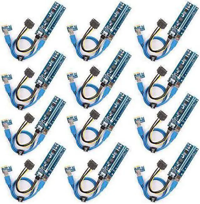Main image of The 12 Pack PCI-E Riser for BitcoinLitecoin ETH Coin Ubit Mining Dedicated Graphics Card PCI-E Riser 1X to 16X Riser Card 164P / 60cm USB 3.0 Extension  high speed  New to SATA Power Cable  (VER009s)