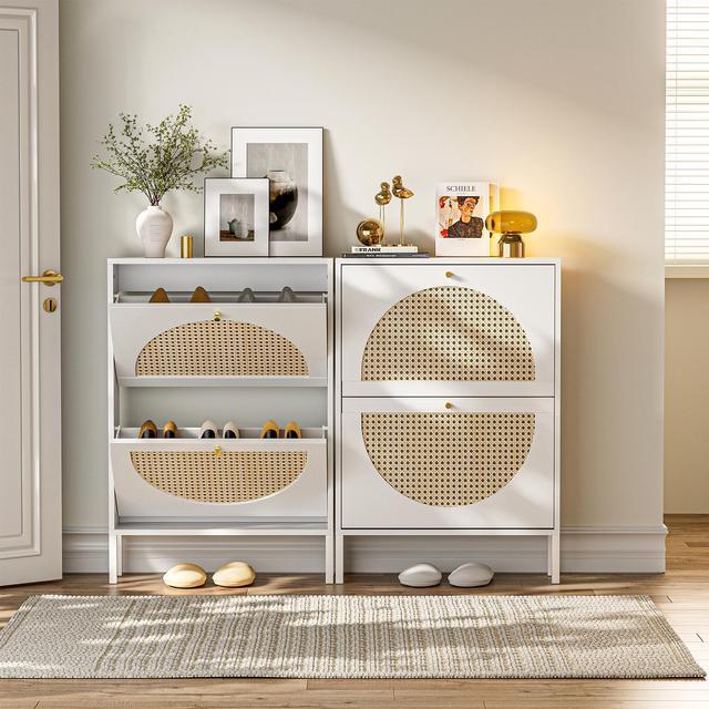 White Rattan Shoe Cabinet Set of 2, Narrow Free Standing Shoe Racks with 2  Flip Drawers And Metal Legs, Shoe Storage Cabinet for Entryway, Bedroom,  Living Room, Apartment 