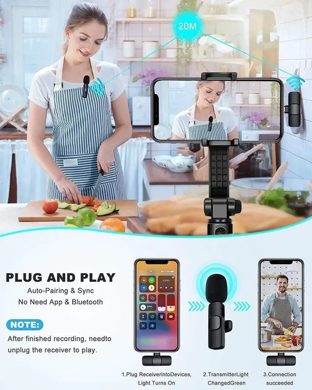 Alt view image 4 of 6 - Wireless Lavalier Microphone Compatible with iPhone, Dual Mini Lapel for Phone Video Recording, Clip On Mic TikTok YouTube Live Stream Vlog, Black, 1*receiver & 2*microphone (K8-A2)