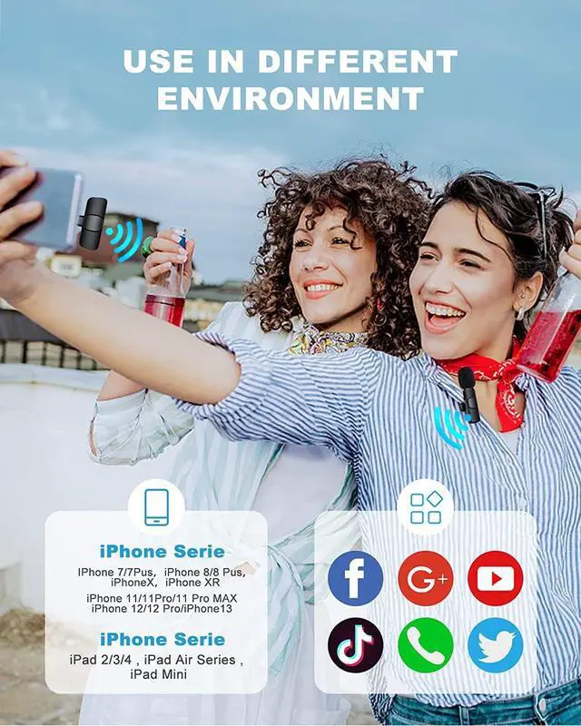 Alt view image 5 of 6 - Wireless Lavalier Microphone Compatible with iPhone, Dual Mini Lapel for Phone Video Recording, Clip On Mic TikTok YouTube Live Stream Vlog, Black, 1*receiver & 2*microphone (K8-A2)