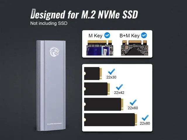 Alt view image 2 of 7 - KingSpec M.2 NVMe SSD Enclosure,  Tool Free NVMe PCIe SSD Adapter USB 3.1 Gen 2 10Gbps with USB C to C+A OTG Cable, Support M Key/B+M Key PCIe SSD 2230/2242/2260/2280 Silver Grey