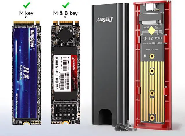Alt view image 7 of 7 - KingSpec M.2 NVMe SSD Enclosure,  Tool Free NVMe PCIe SSD Adapter USB 3.1 Gen 2 10Gbps with USB C to C+A OTG Cable, Support M Key/B+M Key PCIe SSD 2230/2242/2260/2280 Silver Grey