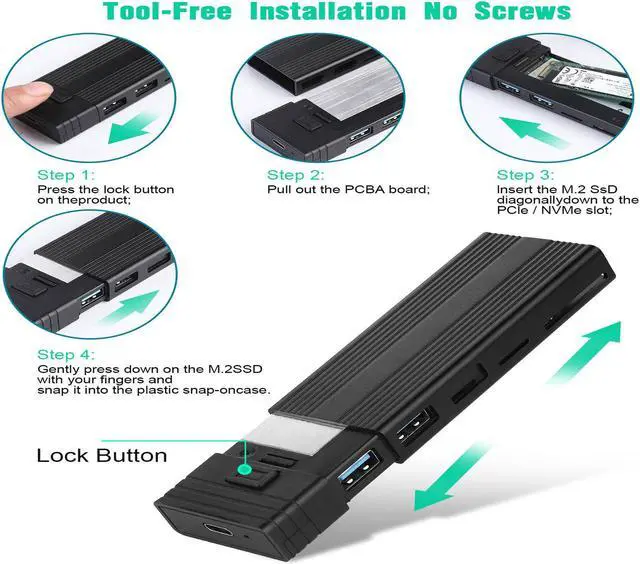 Alt view image 6 of 7 - KingSpec 5 in 1 SSD Enclosure NVMe NGFF M.2 SSD Case USB C HUB Type C 3.1 Adapter Dock USB HUB for Desktop Laptop USB C Splitter  2242/2260/2280 (with C to A Cable and C to C Cable)