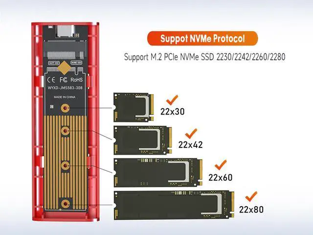 Alt view image 3 of 7 - KingSpec M.2 NVMe SSD Enclosure, Tool Free NVMe PCIe SSD Adapter with 10Gbps USB C to C+A OTG Cable, Support M Key/B+M Key PCIe SSD 2230/2242/2260/2280 Black