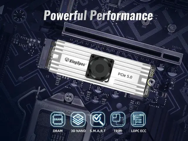 Alt view image 5 of 7 - KingSpec M.2 NVMe 2000GB Vp101 Gen 5 SSD M.2 2280 PCIe 5.0×4 Internal Solid State Drive Support NVMe 2.0, with Alluminium Alloy Metal Heatsink with a Built-In Cooling Fan