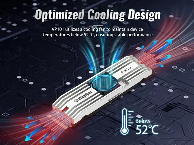 Alt view image 6 of 7 - KingSpec M.2 NVMe 2000GB Vp101 Gen 5 SSD M.2 2280 PCIe 5.0×4 Internal Solid State Drive Support NVMe 2.0, with Alluminium Alloy Metal Heatsink with a Built-In Cooling Fan