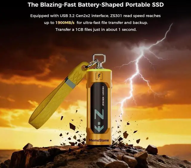 Alt view image 4 of 7 - MemoStone 512GB 20Gbps Extreme Portable SSD - Up to 1900MB/s - USB-C, USB 3.2 Gen 2 - RGB External Solid State Drive - ZS301, Yellow