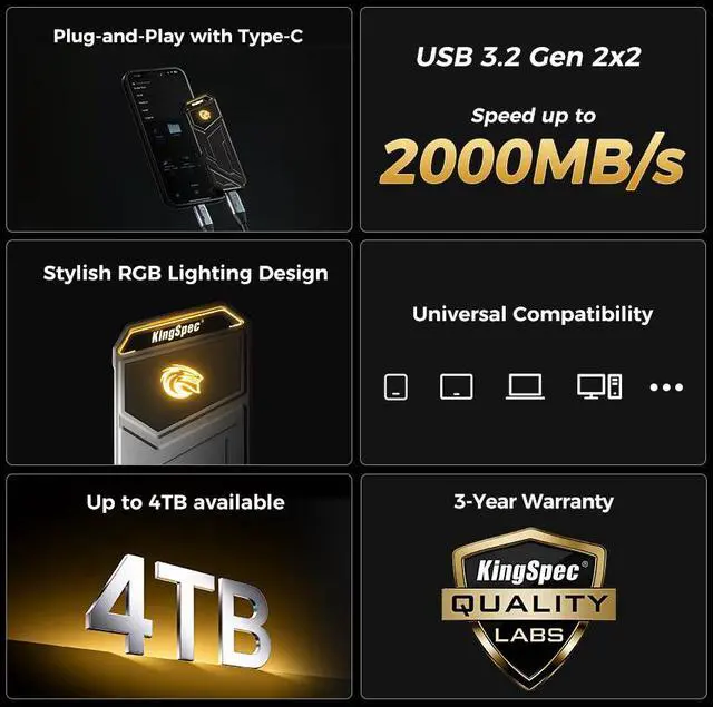 Alt view image 2 of 7 - KingSpec Z5 Portable SSD With RGB 512GB - Up to 2100 MB/s - USB 3.2 Gen 2 - Type-c, 20Gbps, External Solid State Drive, for Photographers, Content Creators and Gaming, Black