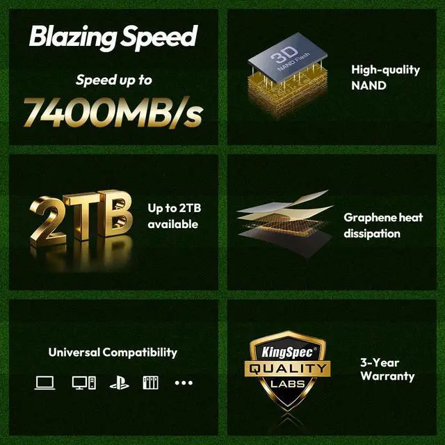 Alt view image 2 of 7 - KingSpec XG7000-FB M.2 2280 2TB PCIe Gen 4.0x4 NVME 1.4 Speed up to 7400MB/s Write Speed Up to 6600MB/s Internal Solid State Drive for PS5 PC Desktop Laptop Game-Player Non-Heatsink