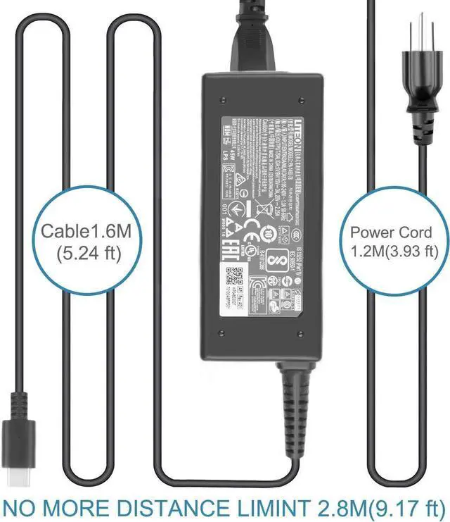 Alt view image 5 of 7 - 45W USB-C Charger for Acer Chromebook Spin 314 CP314-1H CP314-1H-P9G7 Laptop PA-1450-78 20V 2.25A Power Supply Adapter cord