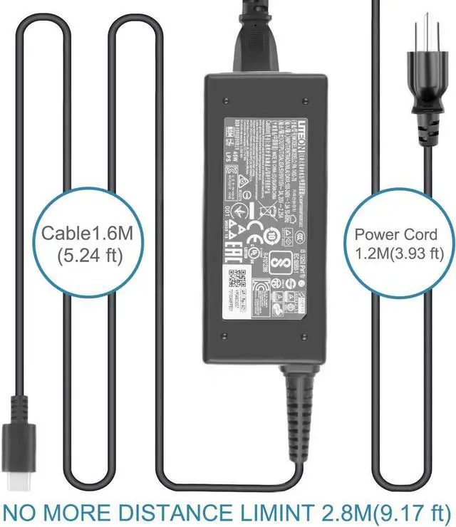 Alt view image 5 of 7 - 45W USB-C Charger for Acer Chroembook 15 CB515-1H CB515-1H-C4H0 Laptop PA-1450-78 20V 2.25A Power Supply Adapter cord