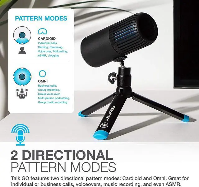Alt view image 3 of 7 - JLab Talk Go USB Microphone | USB-C Output | Cardioid or Omnidirectional | 96k Sample Rate | 20Hz - 20kHz Frequency Response | Volume Control and Quick Mute | Plug and Play