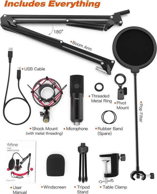 Alt view image 6 of 6 - USB Microphone Set with Flexible Boom Arm Stand Pop Filter, Plug and Play with PC Desktop Laptop Computer, Streaming Podcast Instrument Mic Kit for Home Studio (T732)