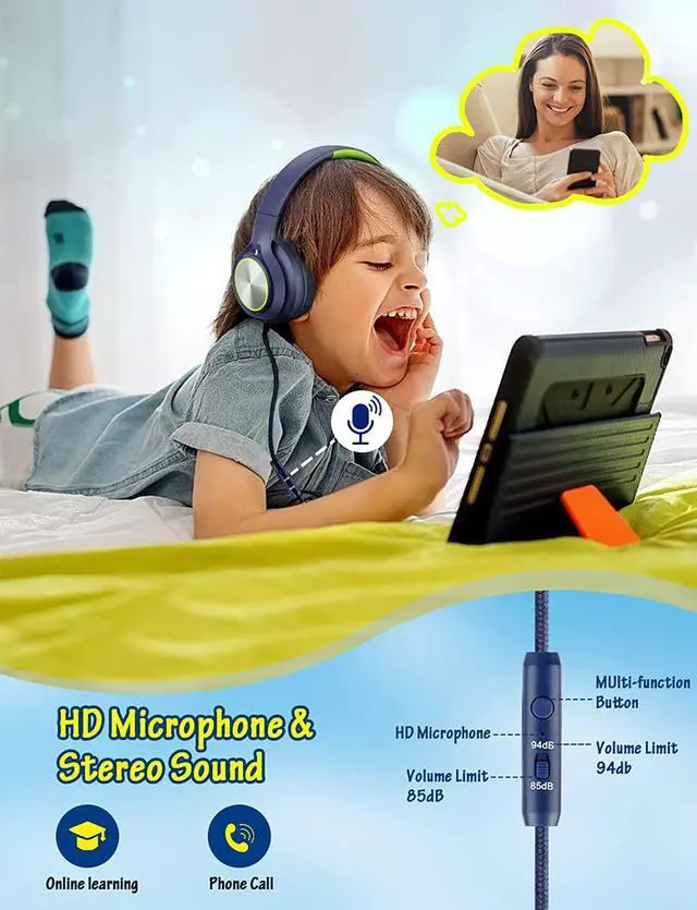 Alt view image 2 of 7 - Kids Headphones with Cord , Wired Over Ear Headsets with Microphone Limited Volume 85dB/ 94dB, Portable Wired Headphones for Kids Boys Girls Teens Children Online School/Travel/iPad/Tablet/Cellphone