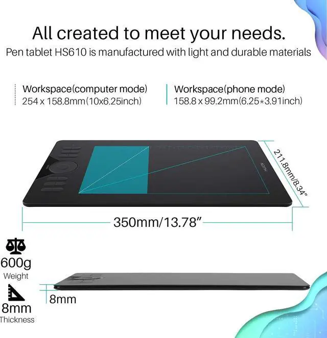 Alt view image 5 of 7 - HUION Drawing Tablet HS610 Graphic Tablet with Battery-Free Stylus 8192 Pen Pressure Tilt Function, 10x6.25 Inches Digital Tablet for Animation & Design, Compatible with Windows/Mac/Android